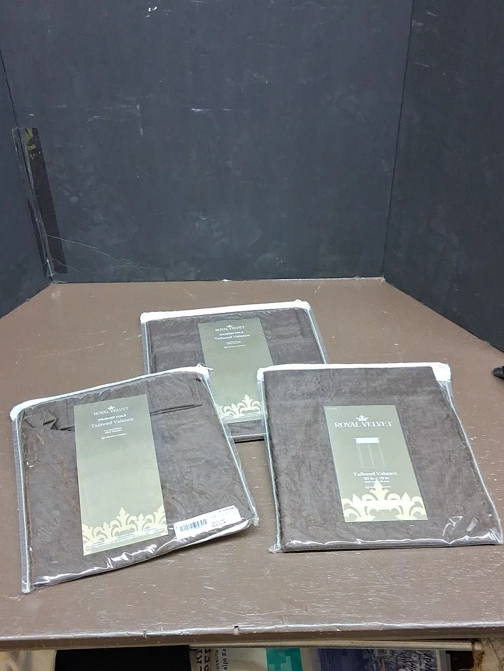 (3)‎ Tailored Valances, Sheer Brown Color, Crushed Voile, NIB.